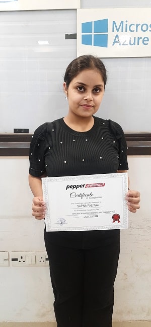 Pepper Animation student holding a course completion certificate